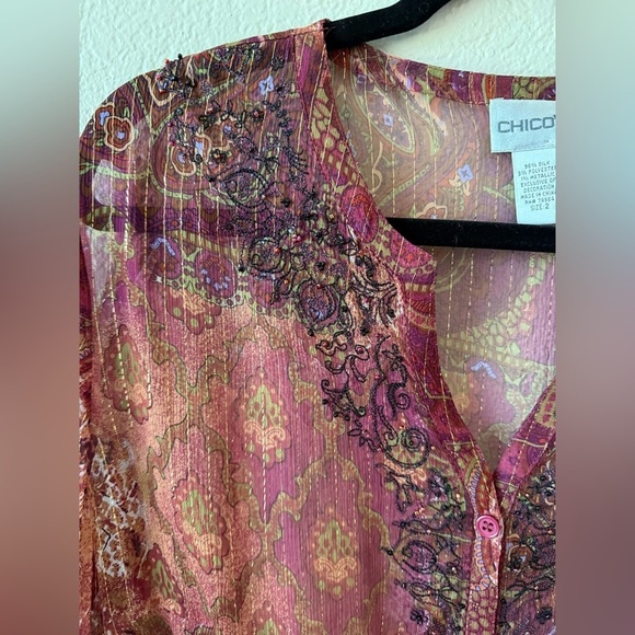 Chico’s Silk Sheer Beaded Delicate Boho Button Front Cardigan Paisley Size Large - Picture 12 of 13
